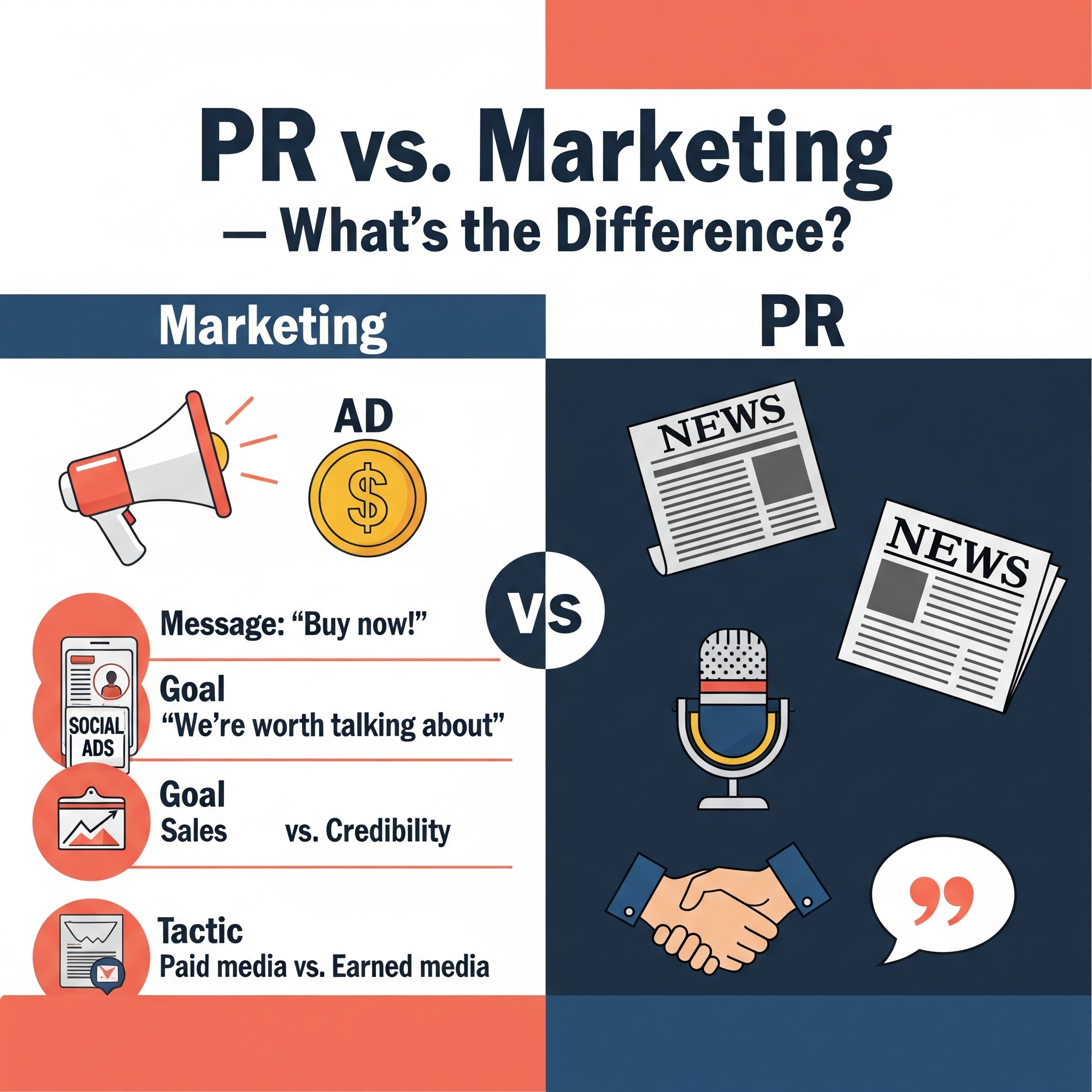 Infographic comparing PR and marketing strategies, highlighting differences in goals, tactics, and tone using playful icons.
